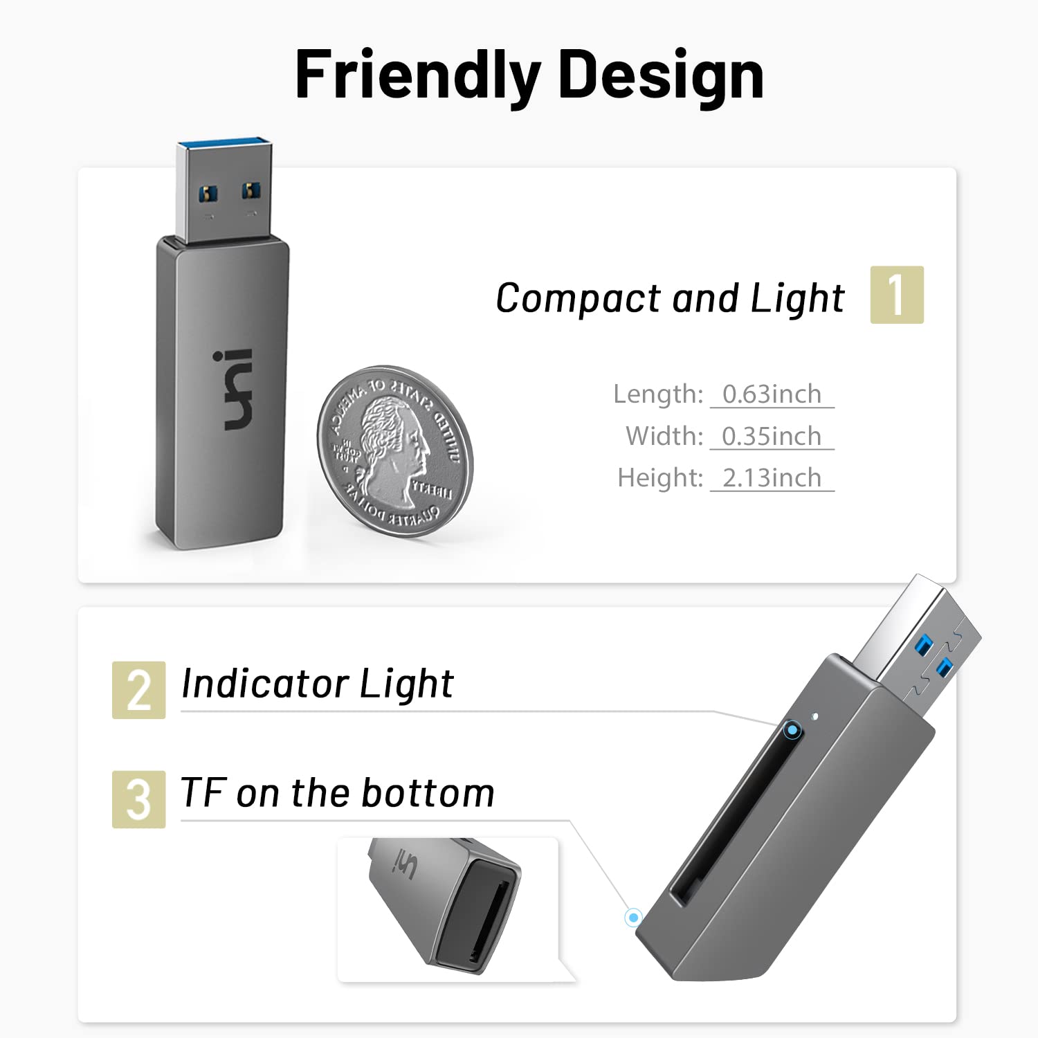 uni SD Card Reader 2-in-1, Memory Card Reader USB 3.0 [Aluminium, 2TB, 5Gbps] SD Card Adapter Reading Simultaneously for SD, TF, SDXC, SDHC, MMC, Micro SDXC, Micro SD, Micro SDHC