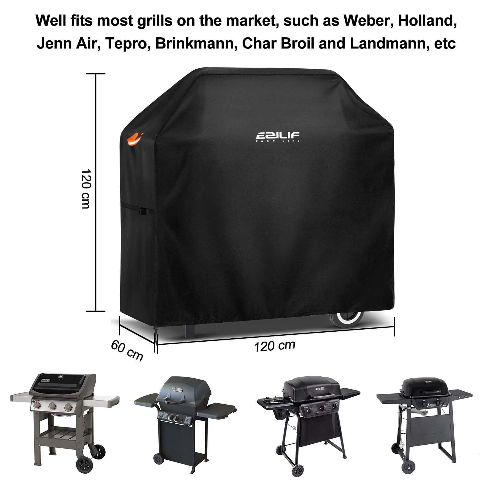 Ezilif Waterproof Barbecue Covers-120x60x120 cm, Oxford Heavy Duty Large BBQ Cover with Reflective Strips, Rip-Proof, UV & Waterproof Outdoor Gas Barbecue Cover for Weber, Brinkmann, Char Broil