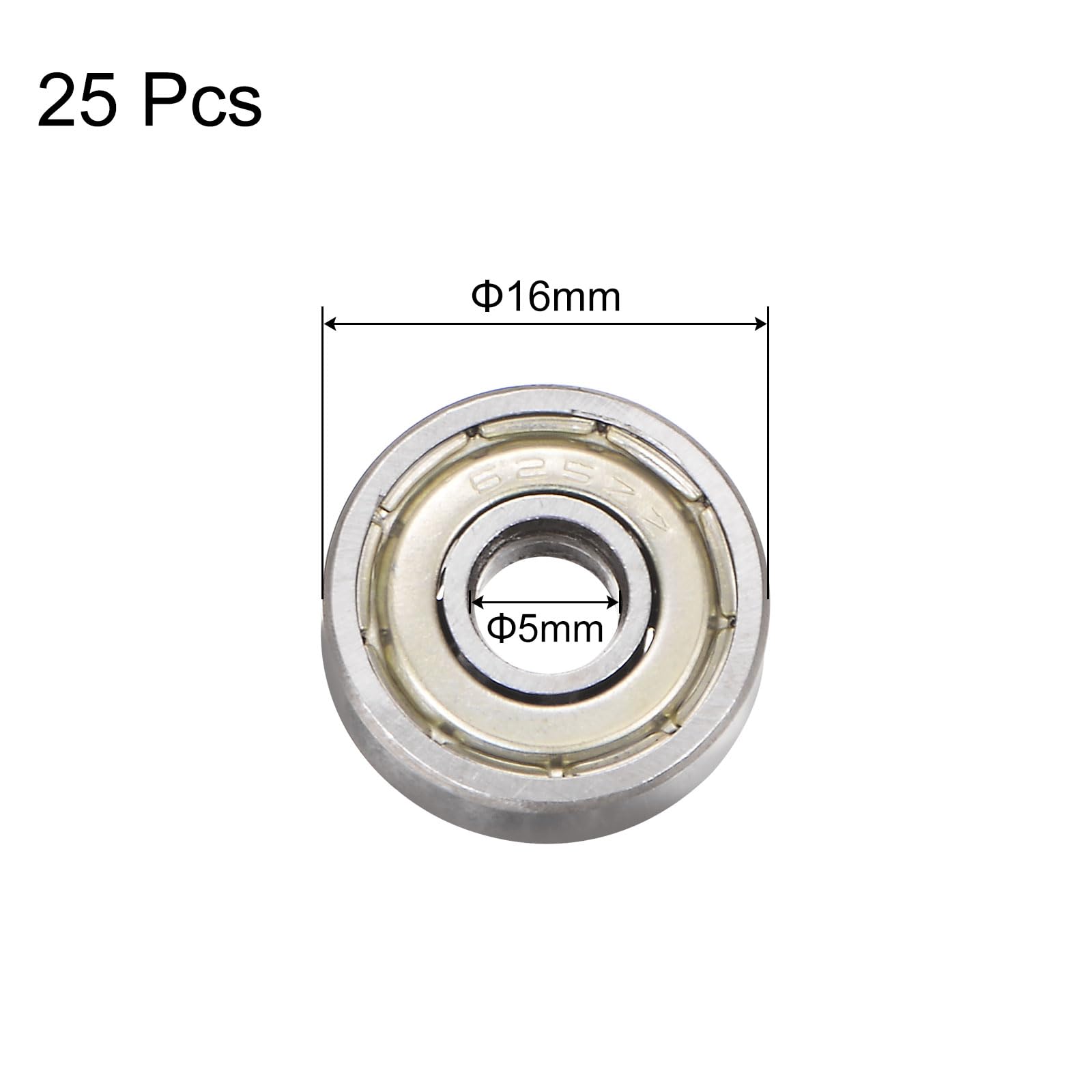 sourcing map 25pcs 625ZZ Deep Groove Ball Bearings 5mm Bore 16mm OD 5mm Thick Carbon Steel Double Shielded ABEC3 Z1 Bearing for Motors