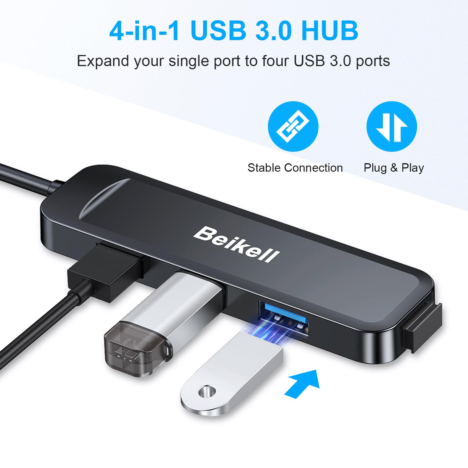 Beikell USB 3.0 Hub, USB Data Hub 4 Ports Ultra Slim High Speed for Macbook, Mac Pro/Mini, iMac, Surface Pro, XPS, USB Drives, Notebook PC, Laptop, External Hard Drives, etc.