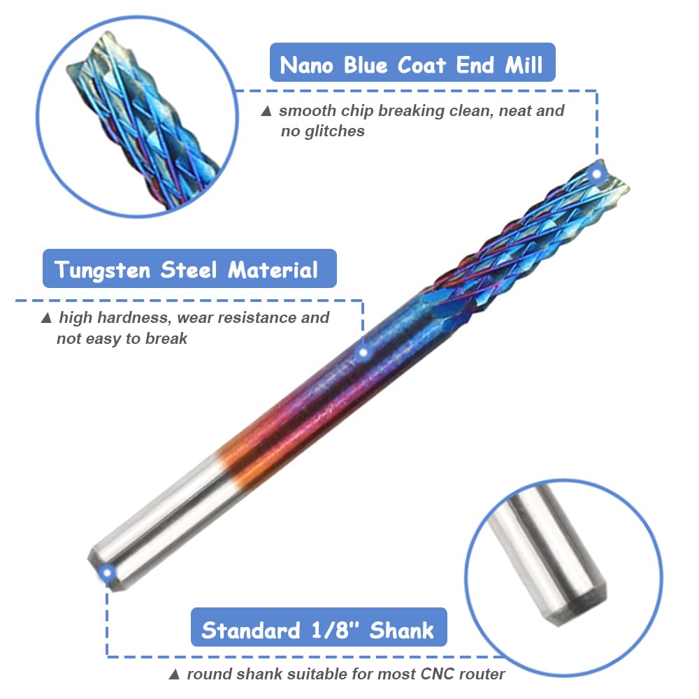 Mesee 10 Pieces Nano Blue Coat End Mill CNC Router Bits, 1/8 Inch Shank Carbide End Milling Cutter Engraving Bit Rotary Burrs Tool Set for PCB Mould Plastic Fiber Carbon Fiber, 0.8-3.175mm