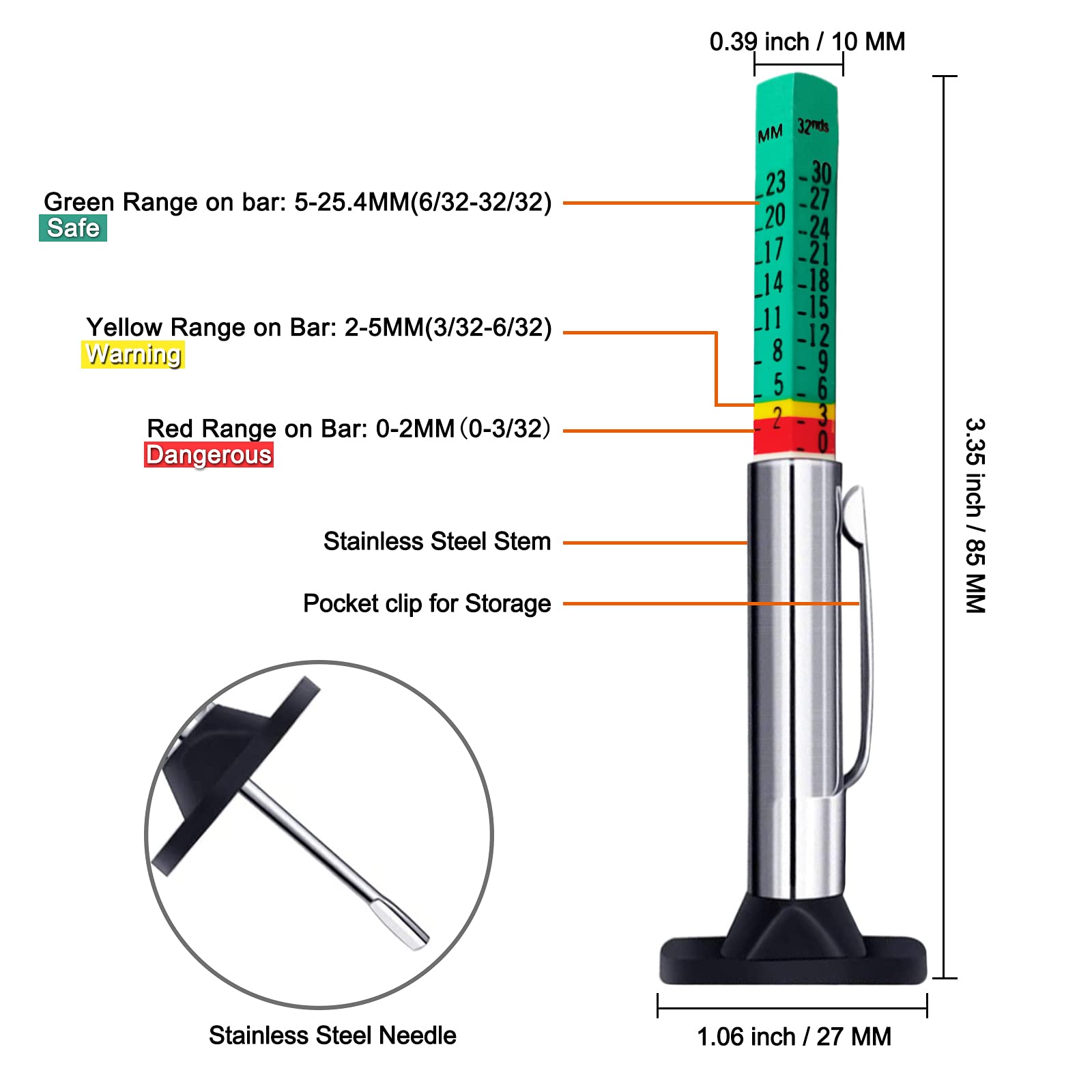 GODESON Tyre Tread Depth Gauge UK, 6-Sided Smart Color Coded Tyre Depth Gauge UK, Tyre Depth Measurement Tool in 25MM/32nds(Pack of 2)