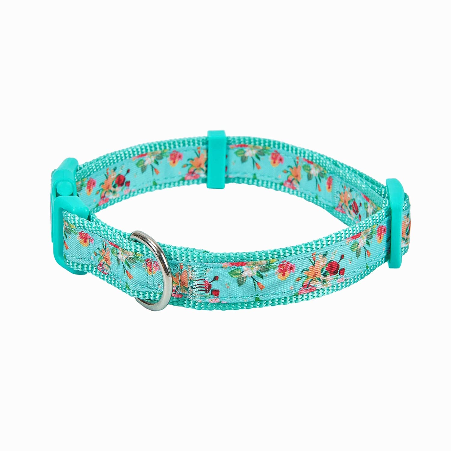 YUDOTE Dog Collar Large Soft Strong Nylon with Floral Printed Ribbon Adjustable for Active Canines Neck 40-66cm,Turquoise Color