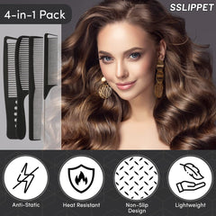 SLIPPET Hair Comb Styling Set 4 Pieces Fine Wide Tooth Comb Rat tail Comb Cutting Comb Parting Comb Anti Static Combs for men women dry wet hair thin curly hairdressing Set