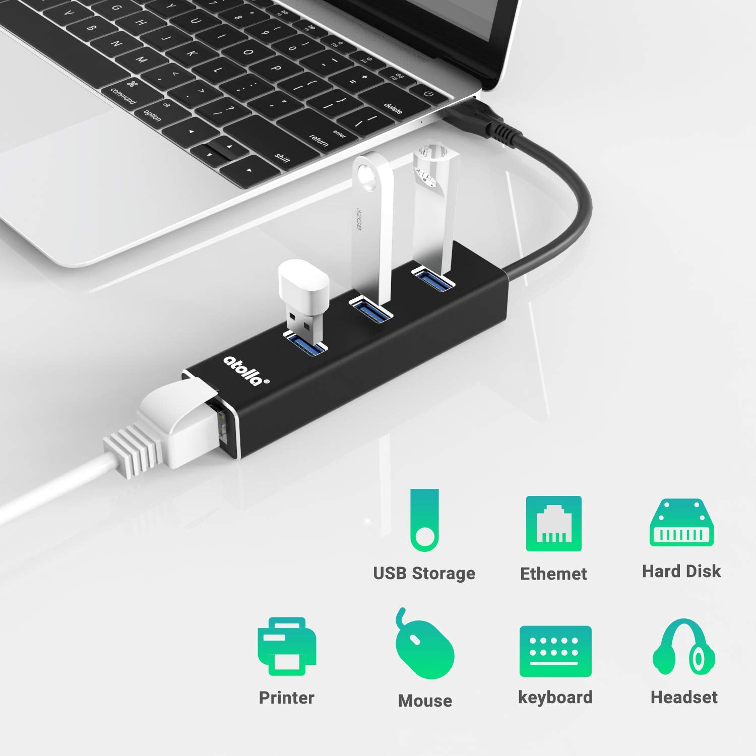 atolla USB LAN Adapter, Aluminium USB Hub with 3 USB 3.0 Ports and RJ45 Gigabit Ethernet Network Adapter, USB Ethernet Adapter with USB C Adapter for Windows 10, 8.1, 8, 7, Vista, XP, Linux, Mac OS X