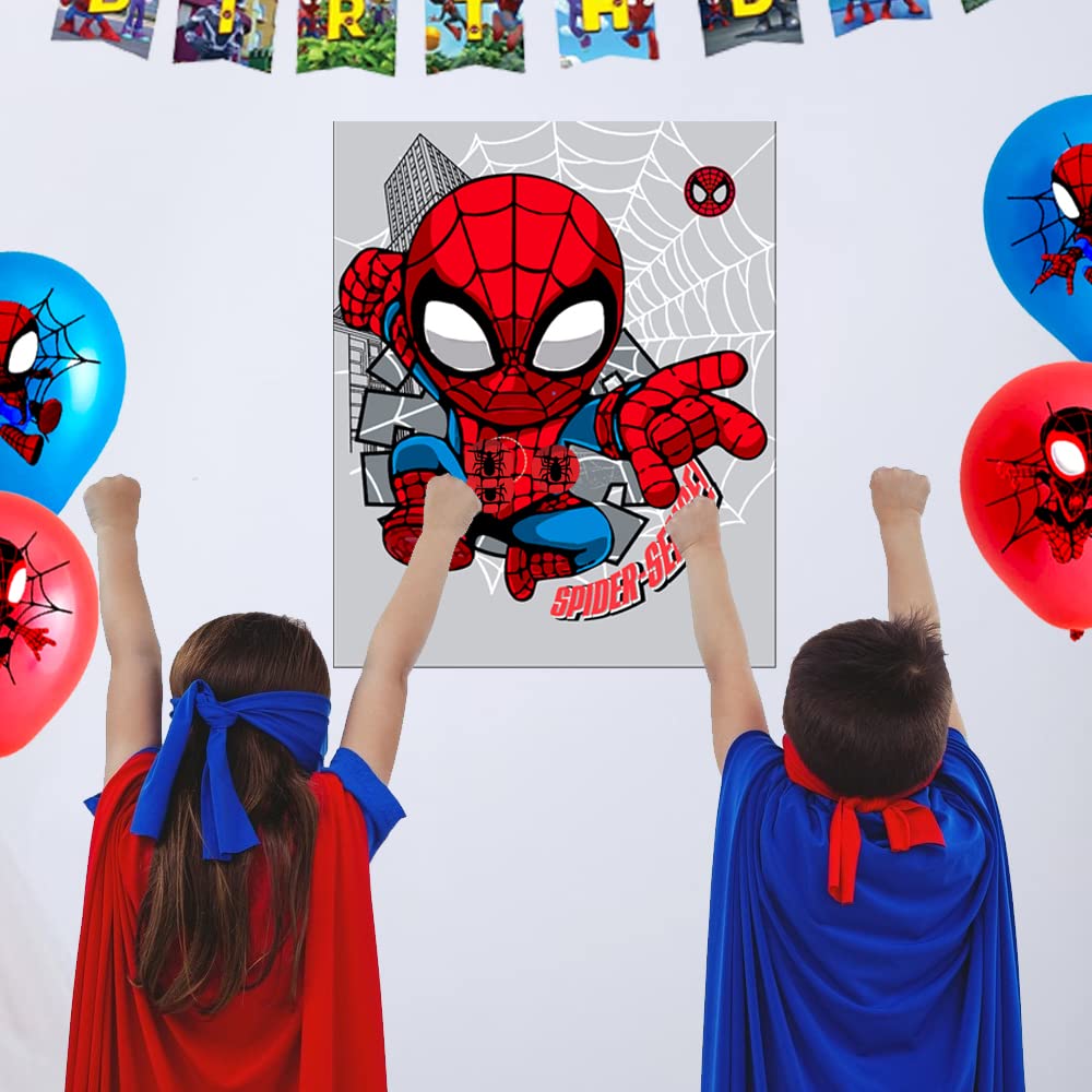 Volsha Pin the Spider on the Spiderman Game, 52×42cm Spiderman Party Game for Kids Girls with 24 PCs Spider Birthday Party Supplies for Wall Home Room Decorations (Spiderman)