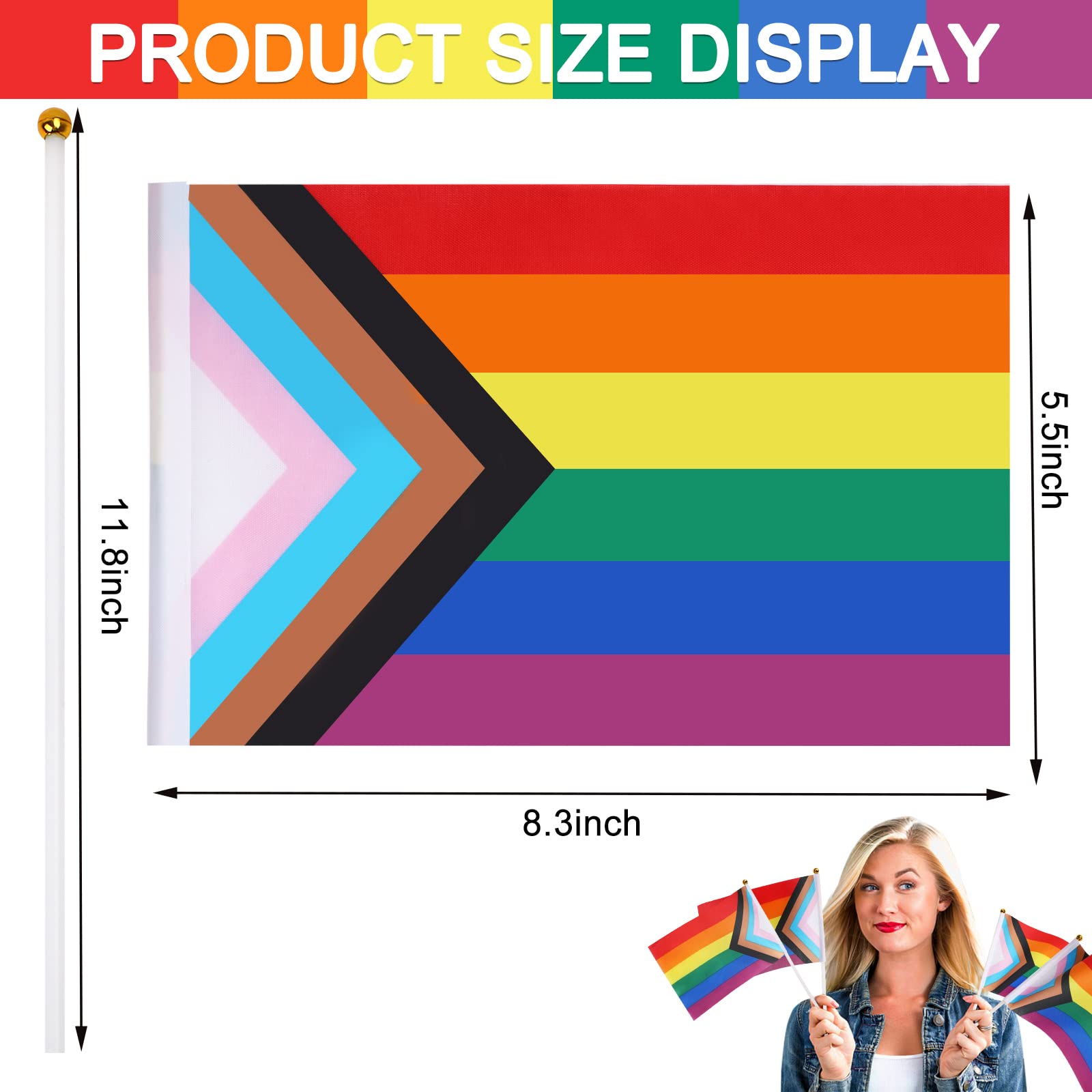 Progress Pride Flag, 20Pcs JUNEBRUSHS 14 × 21cm Mini Handheld Miniature LGBTQ Rainbow Trans Flag Pocket Gay Lesbian Flags Pride Day Party Decorations (Progress Pride Flag)