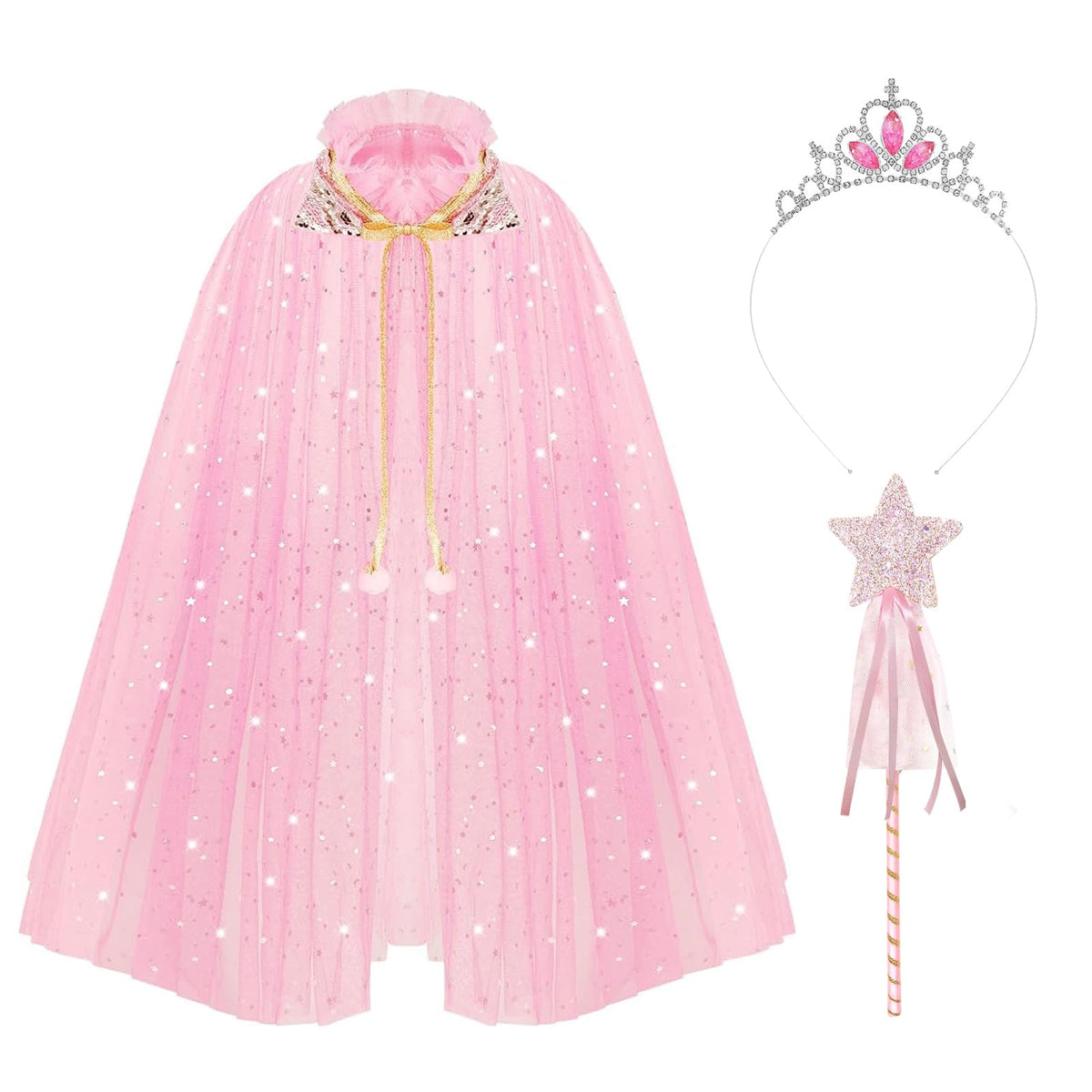 Princess Cape for Girls, Pink Princess Cloak Sparkling Sequins Tulle Princess Cape Princess Fancy Dress Halloween Costume with Fairy Wand Princess Tiara for 6-10 Years Old Girls