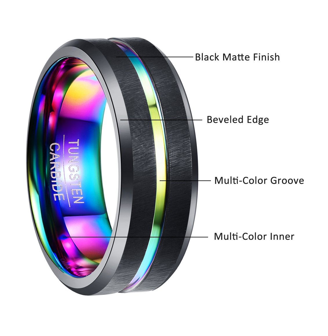 NUNCAD Male Black Tungsten Ring Groove Wedding Engagement Band with Colorful Plated Matte Finish Size Zand4