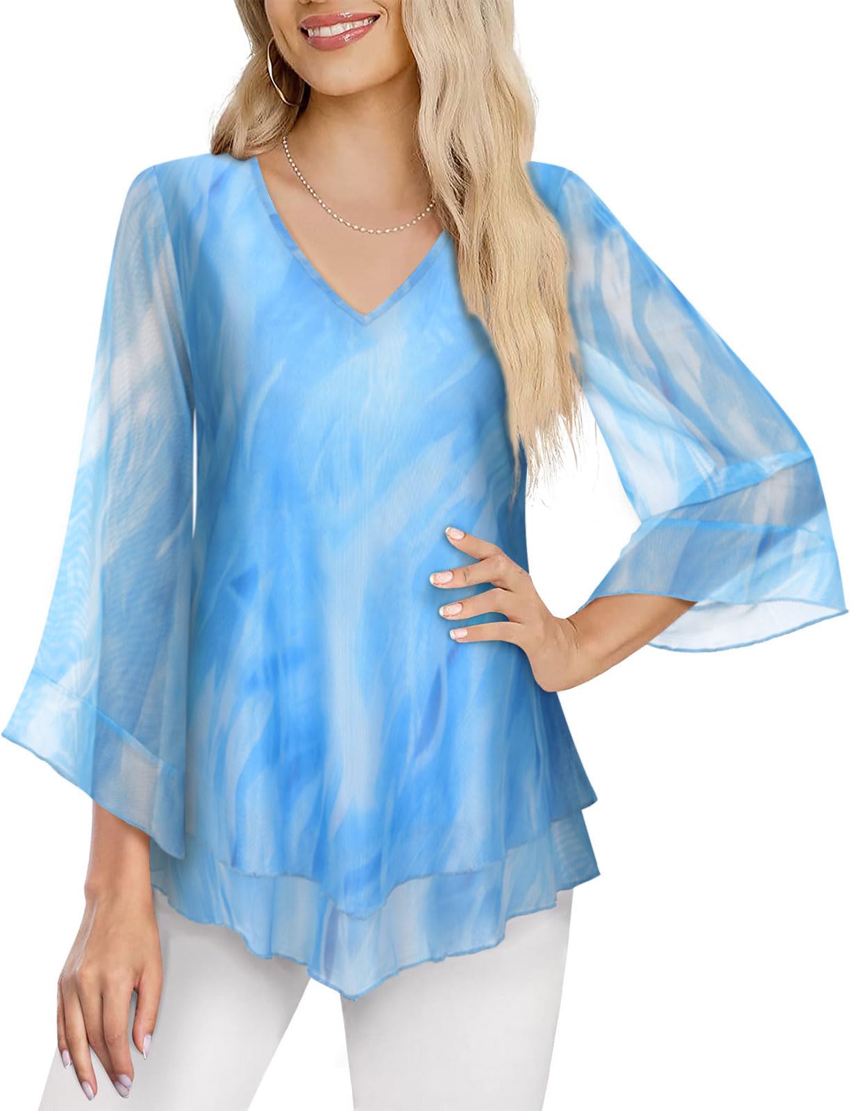 Womens Blouses Ruffle 3/4 Sleeve Tunic Tops Floral Shirts Double Layered V Neck Chiffon Blouse-Blue, L