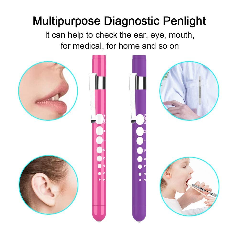 Diagnostic Medical Penlight (2 Packs), CAVN Mini Reusable LED Penlight Flashlight Pen Torch, Torch Doctor Nurse EMT Emergency Pen Light (Purple and Pink)