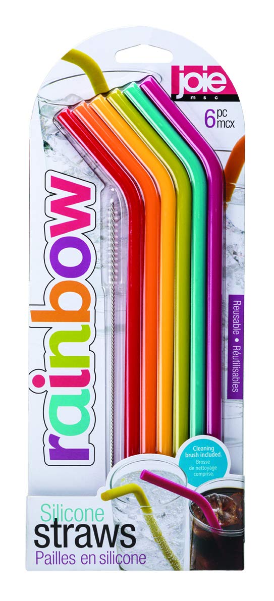 Joie Reusable Silicone Straws with Cleaning Brush, Set of 6, Rainbow, Colors May Vary