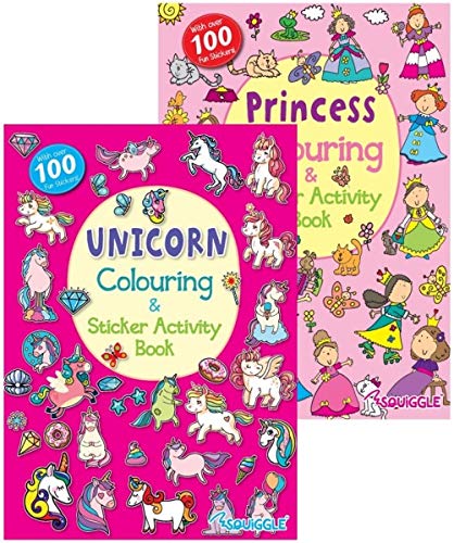 Squiggle A4 Unicorn & Princess Sticker Activity & Colouring Books - Set of 2