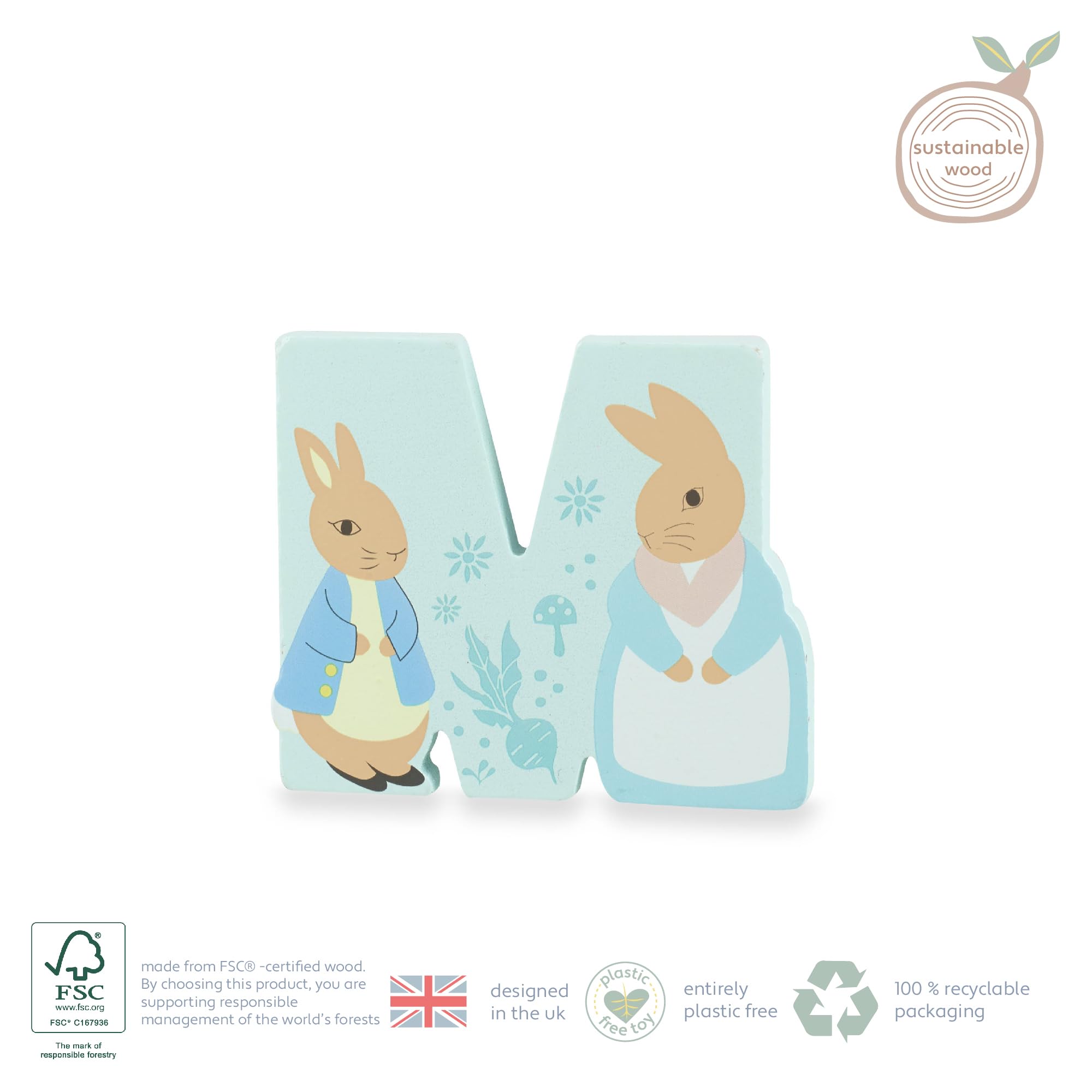 Peter Rabbit Wooden Letters by Orange Tree Toys, Letter M with Mrs Rabbit- Alphabet Animal Letter for Personalised Baby Name, Toy Box, Door, Wall Decorations, Animals Nursery Decor, Boys Girls Bedroom