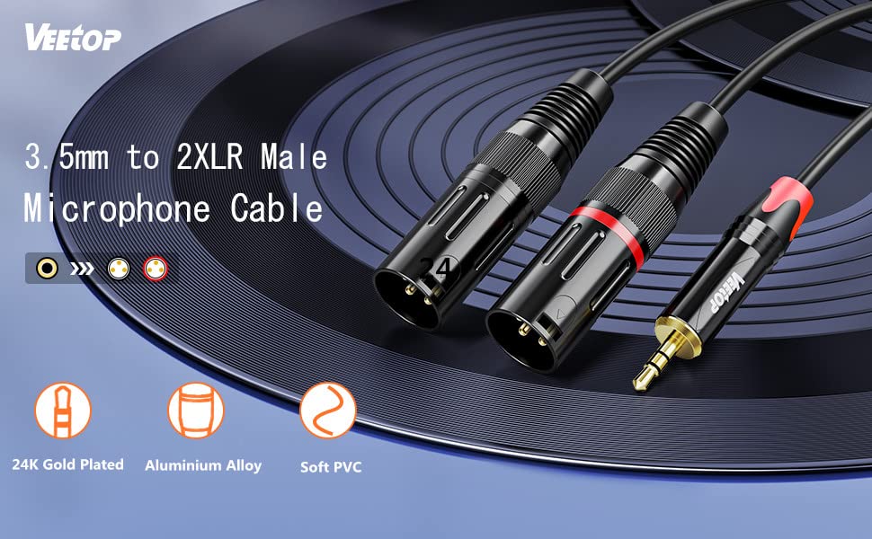 Veetop 2m Dual XLR Male to 3.5mm Microphone Cable XLR Male to 3.5mm mini Jack TRS Balanced Audio Stereo Cable 1/8 inch to XLR 3 Pin Interconnect Cable for Laptop, DSLR Camera, Sound, DV