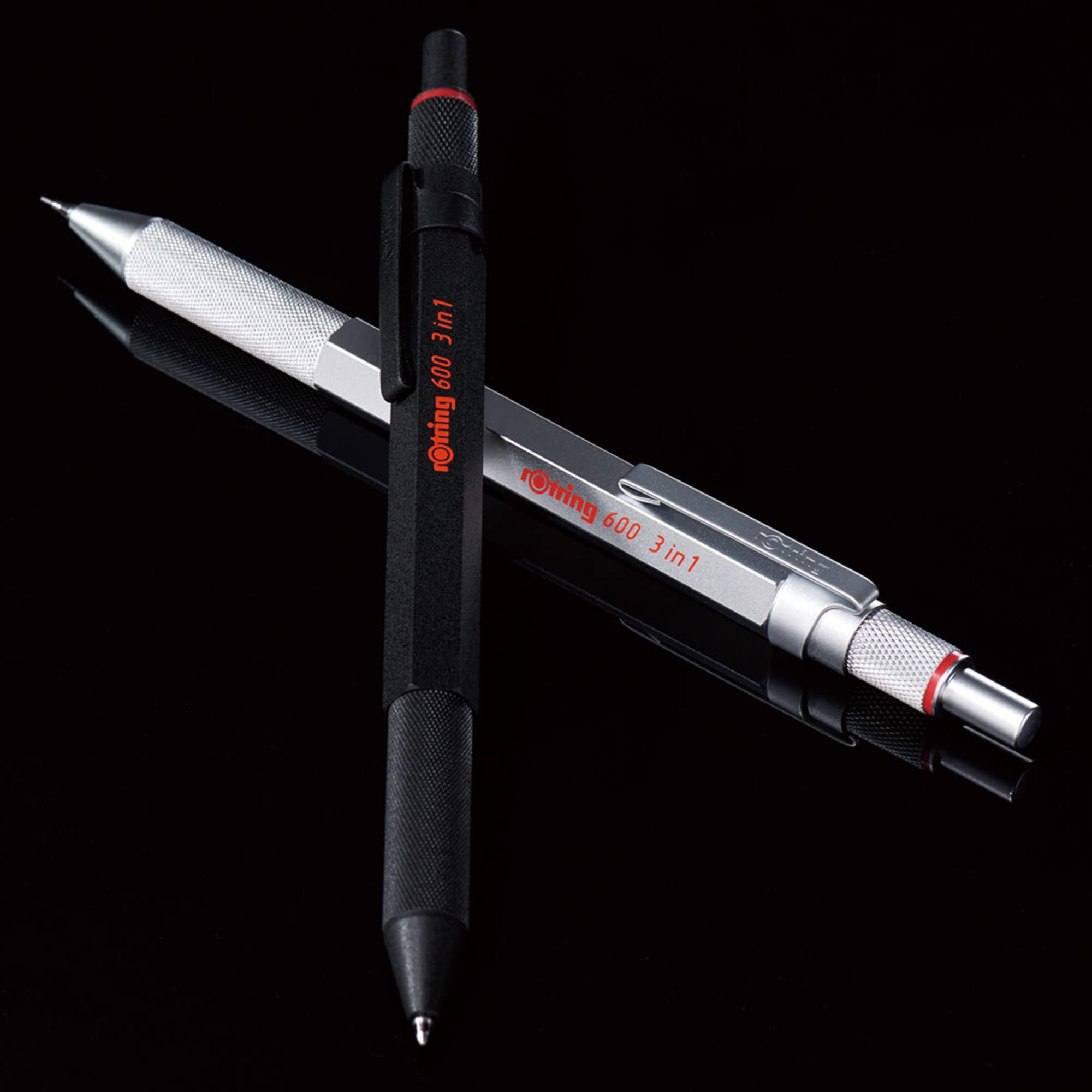 rOtring 600 3-in-1 Multicolour Pen and Mechanical Pencil   Black & Red Ballpoint Pen Tips   1 Mechanical Pencil Tip (0.5mm)   Silver Barrel