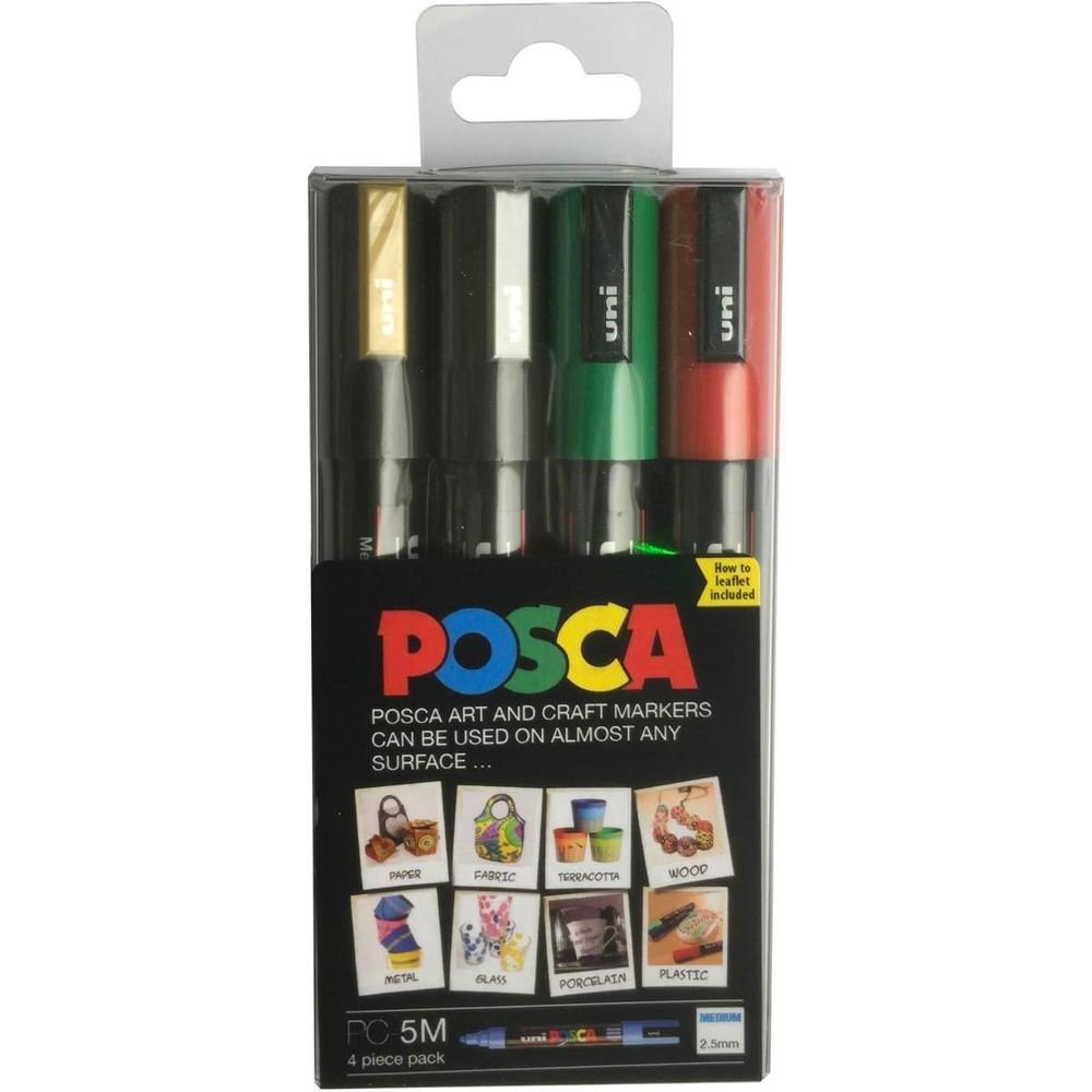 POSCA PC-5M Permanent Marker Paint Pens. Medium Bullet Tip for Art & Crafts. Multi Surface Use On Wood Metal Paper Canvas Cardboard Glass Fabric Ceramic Rock Pebble Stone Porcelain. Set of 4 Colours