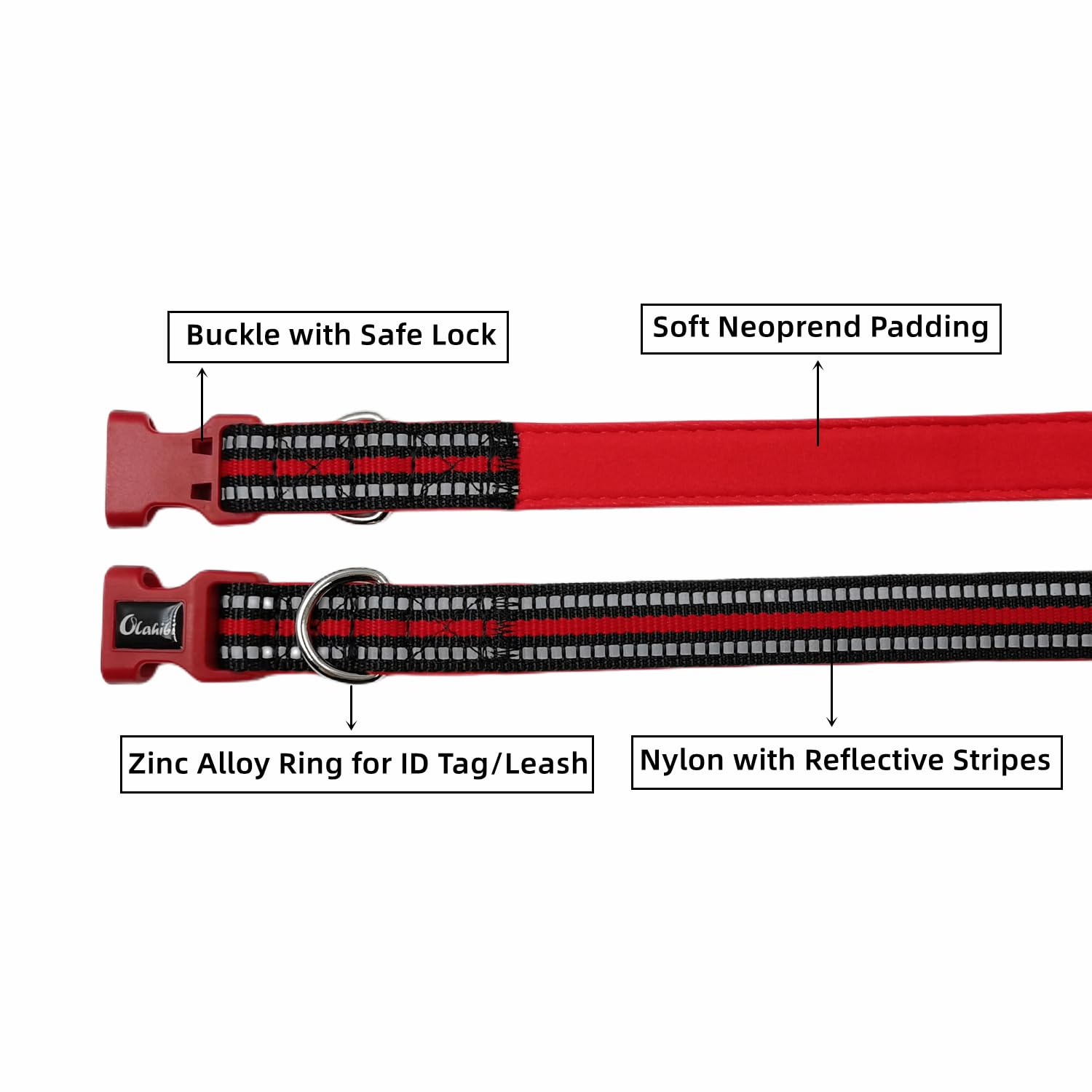 Olahibi Dog Collar and Leash Combo Set, Neoprene Padded, Lined with Reflective Stripes, Leash 120CM, for Large Dogs.(Large, Red)