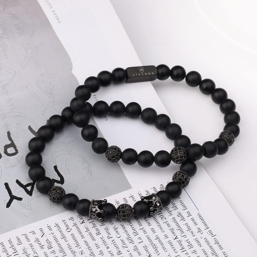 LIVLOKO Mens Bracelet Leather Black Multi-Layer Bracelet for Men Magnetic Clasp Rope Wristband Mens Gift for Boyfriend (Small 18-20cm, J. Designer Black Agate)