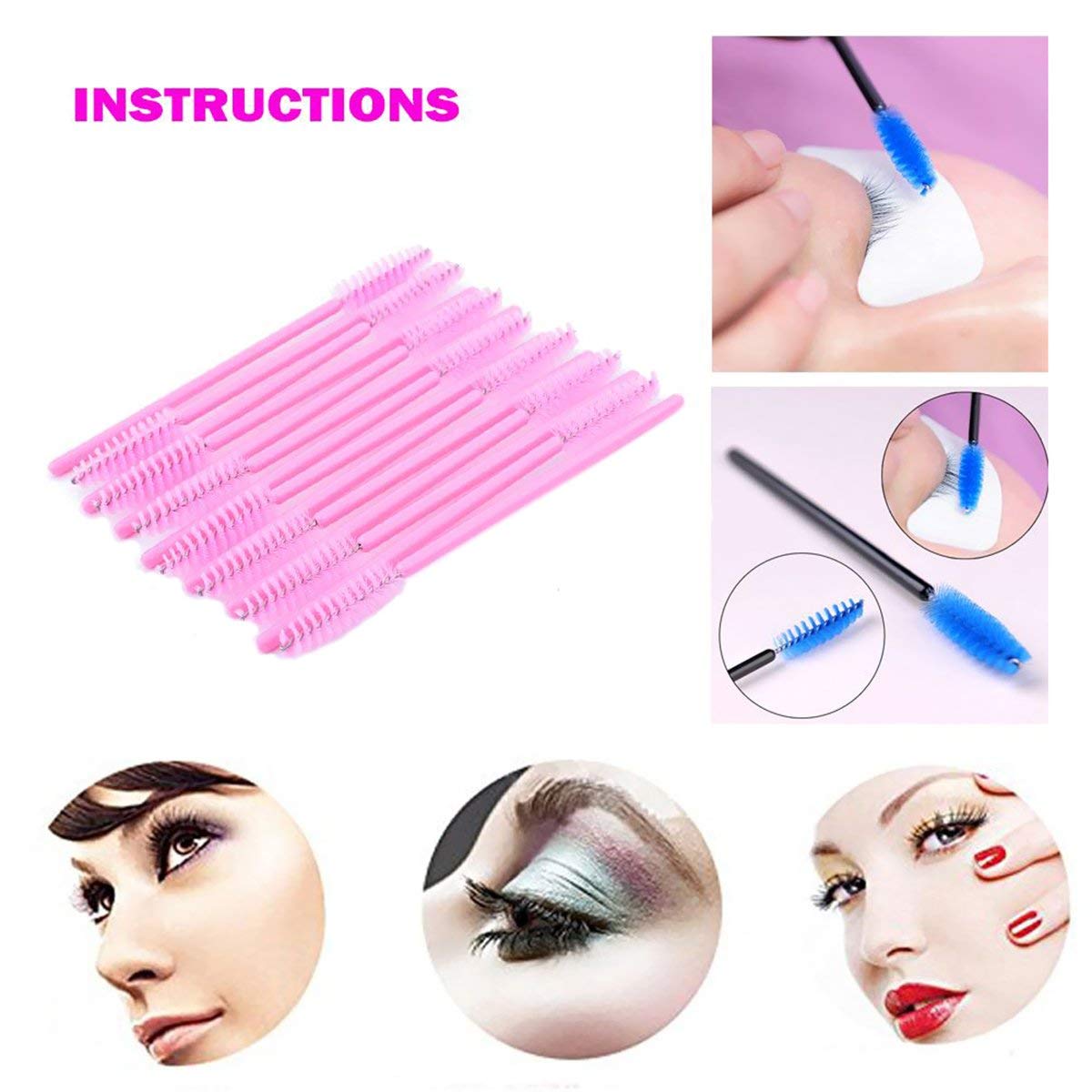 50 PCS Disposable Eyelash Brushes Mascara Wands Eye Lash Eyebrow Applicator Cosmetic Makeup Brush Tool Kits (pink)