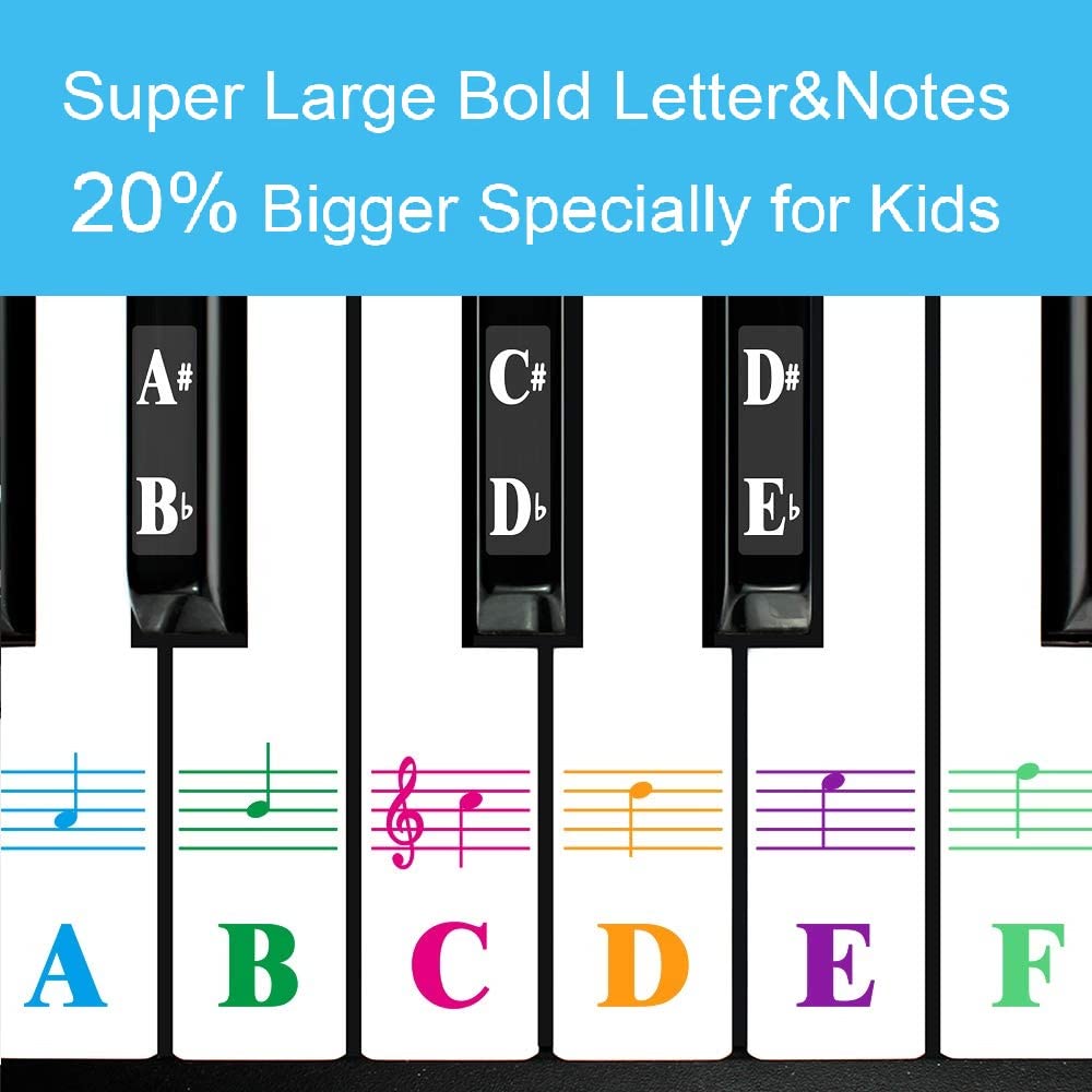 Piano Stickers, Piano Key Stickers for 88/61/54/49/37 Key Full Set for White and Black Keys, Color Bigger Letter-Thinner Transparent Removable Material with Cleaning Cloth