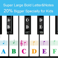 Piano Stickers, Piano Key Stickers for 88/61/54/49/37 Key Full Set for White and Black Keys, Color Bigger Letter-Thinner Transparent Removable Material with Cleaning Cloth