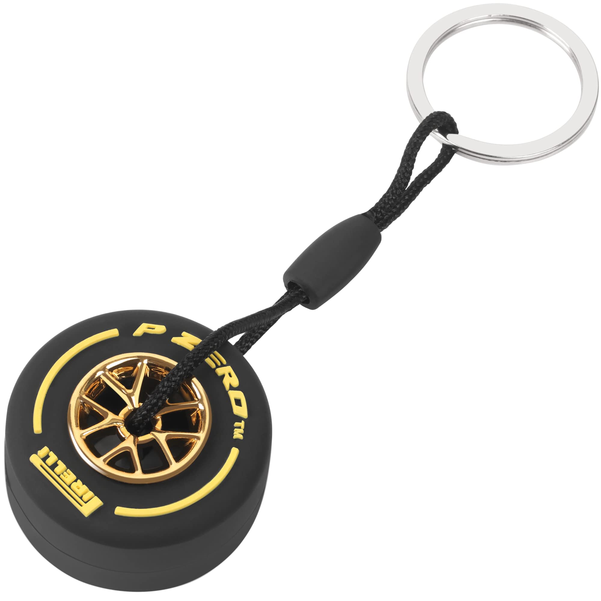 TRIXES Yellow Racing Car Wheel with Metal Hub Keyring – Small Keychain - Formula 1 Fan Merchandise - Gifts for Men – Rubber Tyre, Chain & Stainless-Steel Ring to Attach to your Keys Bag or Display