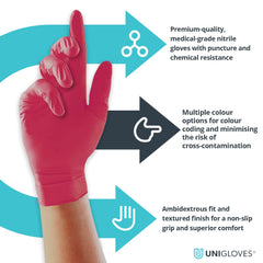 Unigloves Red Pearl Nitrile Examination Gloves - Multipurpose, Powder Free and Latex Free Disposable Gloves - Box of 100 Gloves, Red, Small (GP0062)