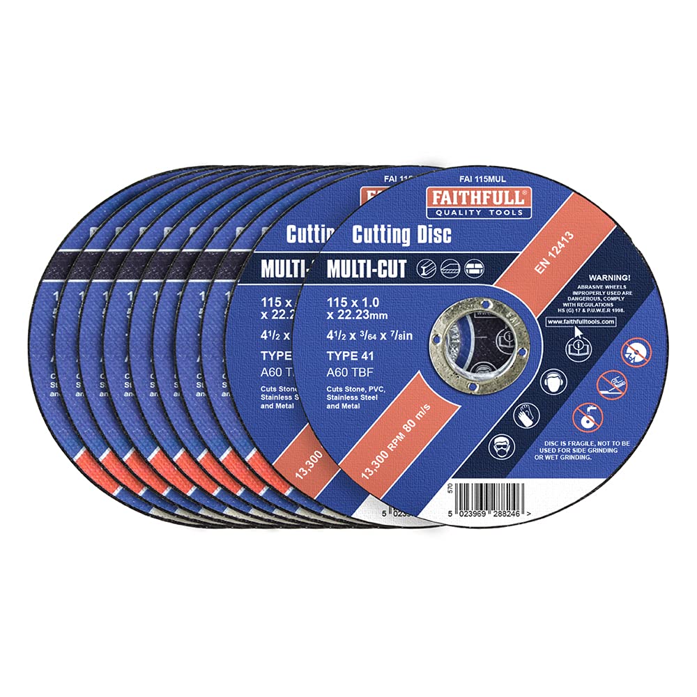 Faithfull FAI11510MUL Extra Thin (1 mm) Fast Cut Cutting Discs 115 mm x 1 mm x 22 mm (4.5 Inch) 10 Pack with Storage Tin