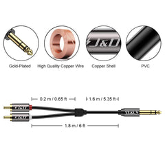 J&D 1/4 inch TRS to Dual RCA Audio Cable, Gold Plated Copper Shell Heavy Duty 6.35mm 1/4 inch Male TRS to 2 RCA Male Stereo Audio Y Splitter Cable, 6 Feet