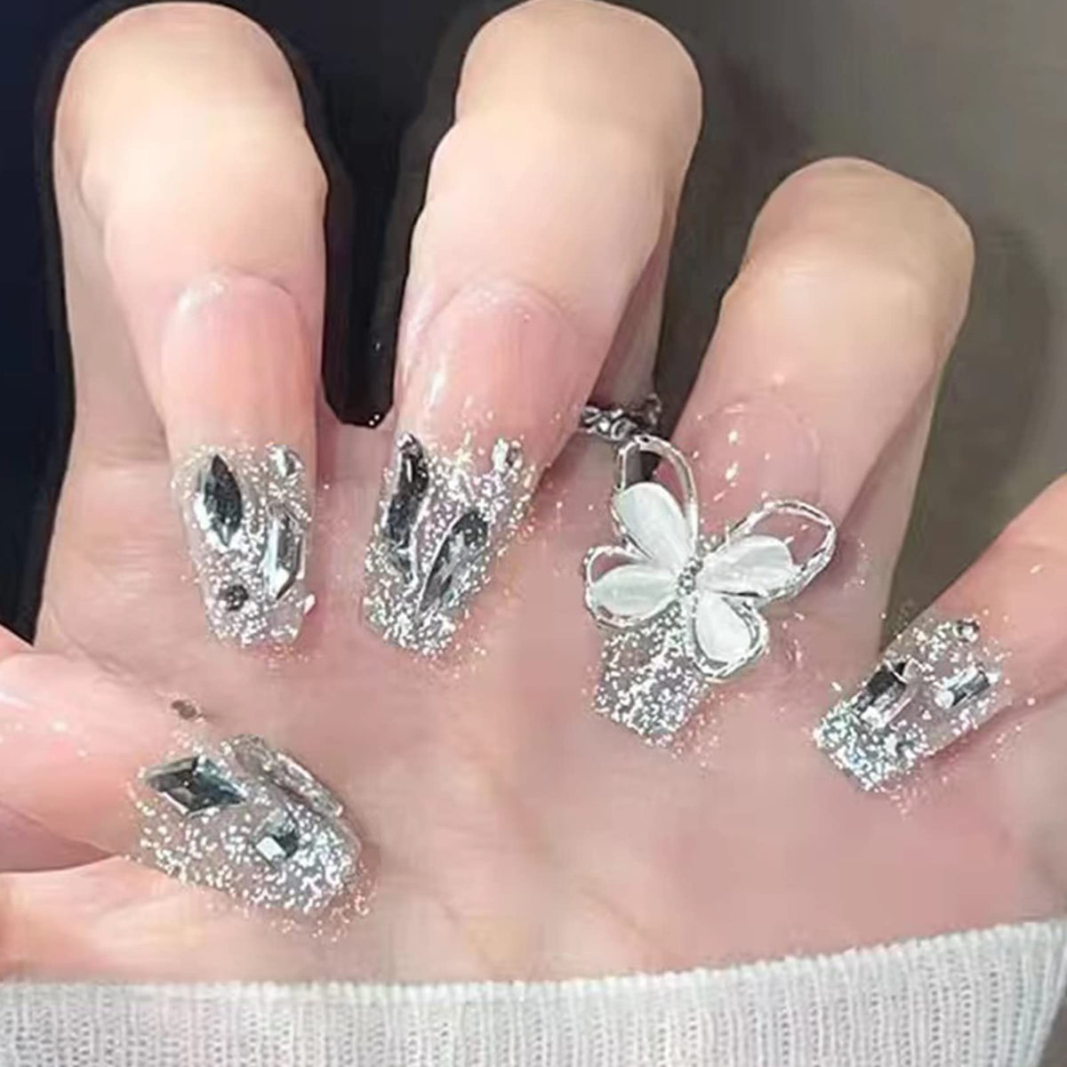 Press On Nails, Acrylic Handmade Stick on Nails, 24pcs 3D Butterfly False Nails with Glue Long Coffin Shape Luxury Design Fake Nails for Women Girls on Wedding Parties (3D Butterfly)