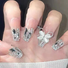 Press On Nails, Acrylic Handmade Stick on Nails, 24pcs 3D Butterfly False Nails with Glue Long Coffin Shape Luxury Design Fake Nails for Women Girls on Wedding Parties (3D Butterfly)