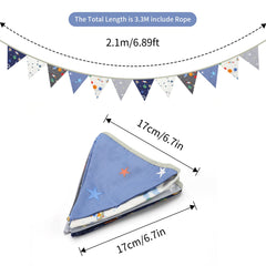 G2PLUS Universe Space Fabric Bunting Banner, 10.8 Feet Cotton Space Themed Garlands, 12PCS Blue and White Double Sided Triangle Pennants for Birthday Parties & Kids Bedrooms