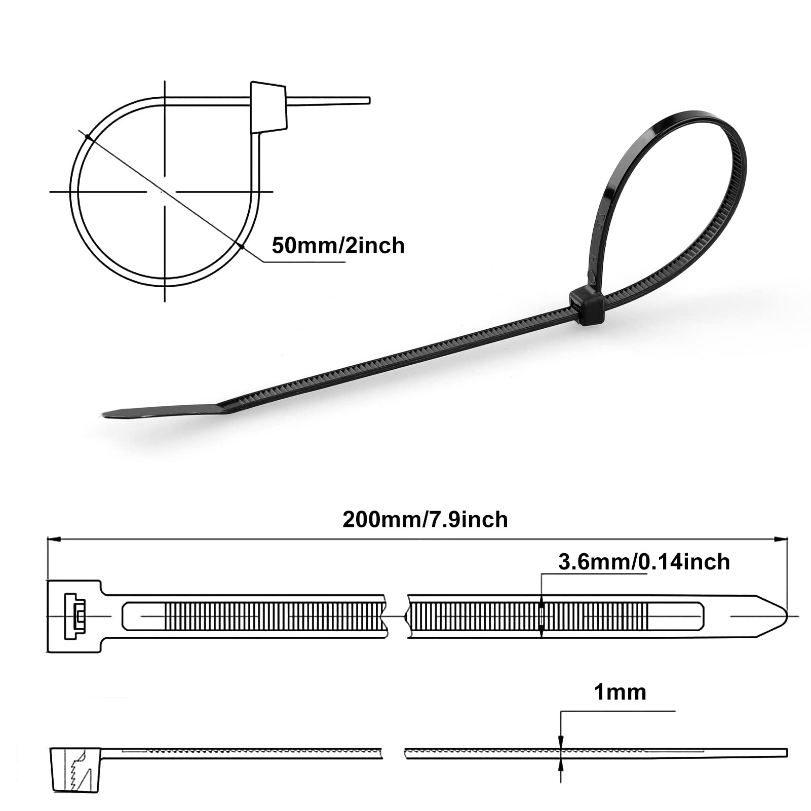 MEKEET Small Cable Ties Black 100 Pack - 200mm x 3.6mm Plastic Cable Ties 8 Inch Zip Ties Self Locking Tie Wraps for Home Office Garage Workshop and DIY