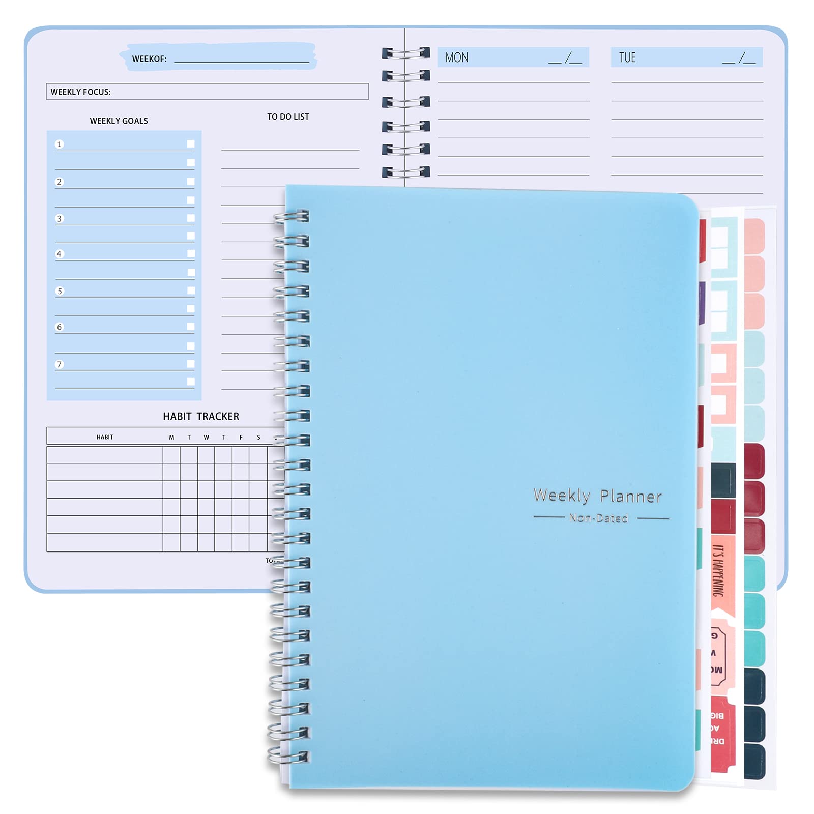 Weekly Planner Notebook, A5 Spiral To Do List Notebook 52 Weekly Goals Planner with Habit Tracker Daily Planner for 2023 Students, Work, Productivity（Blue）