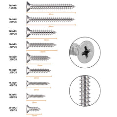 WELLOCKS Assorted Stainless Steel Screws Set 265 PCS M3/M4/M5 Self Tapping Screws Set, Flat Head Rust Proof Wood Screw Kit with Storage Box for Homemade, Repair, Woodwork Indoor Outdoor (D034)