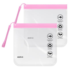 ECOHUB Airport Security Liquids Bags, EVA Airport Liquid Bag 20 x 20cm Airline Approved Clear Travel Toiletry Bag for Women Men, Zip Lock Bags with Strap for Travel (2 pcs Pink)