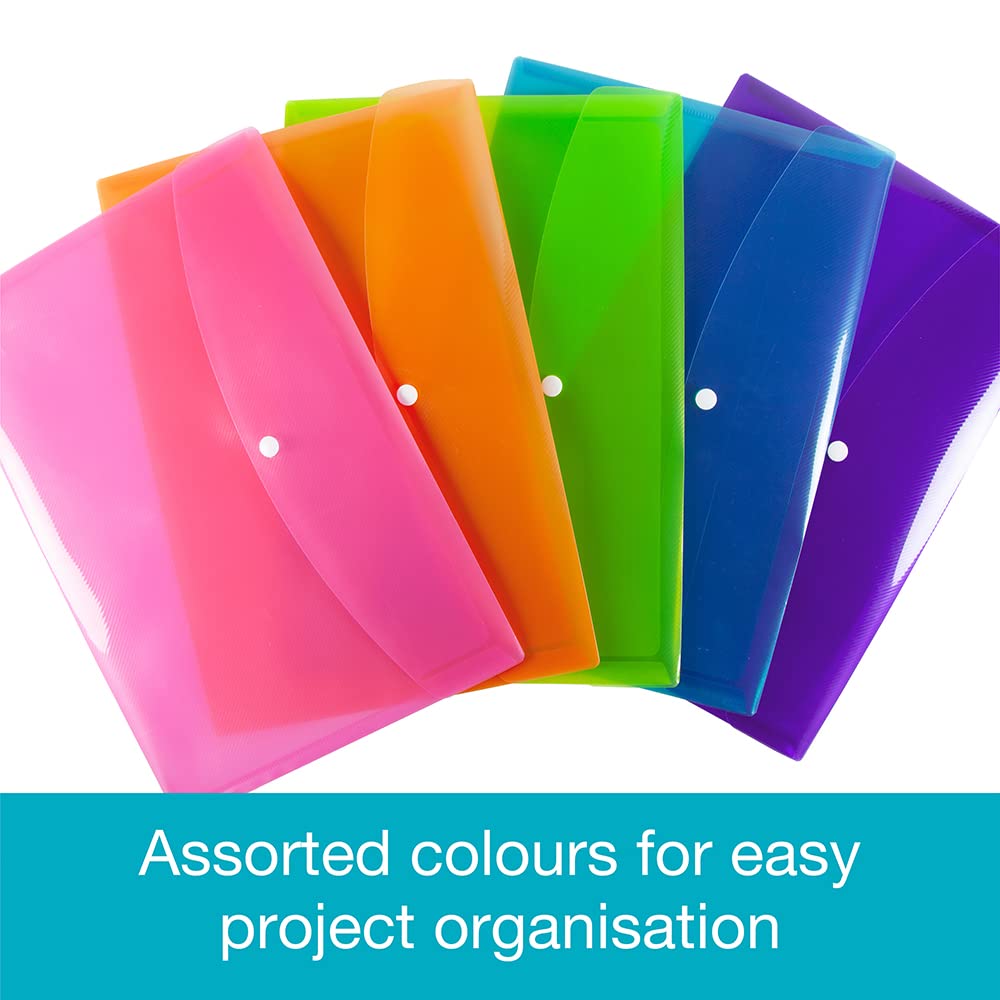 SUMMIT A4and Plastic Popper Wallets, Assorted Colours, Document Folders, Pack of 5