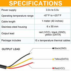 DS18B20 1M Waterproof Temperature Sensors Digital Temp Probe Compatible with Arduino and Raspberry Pi - 5 Pcs