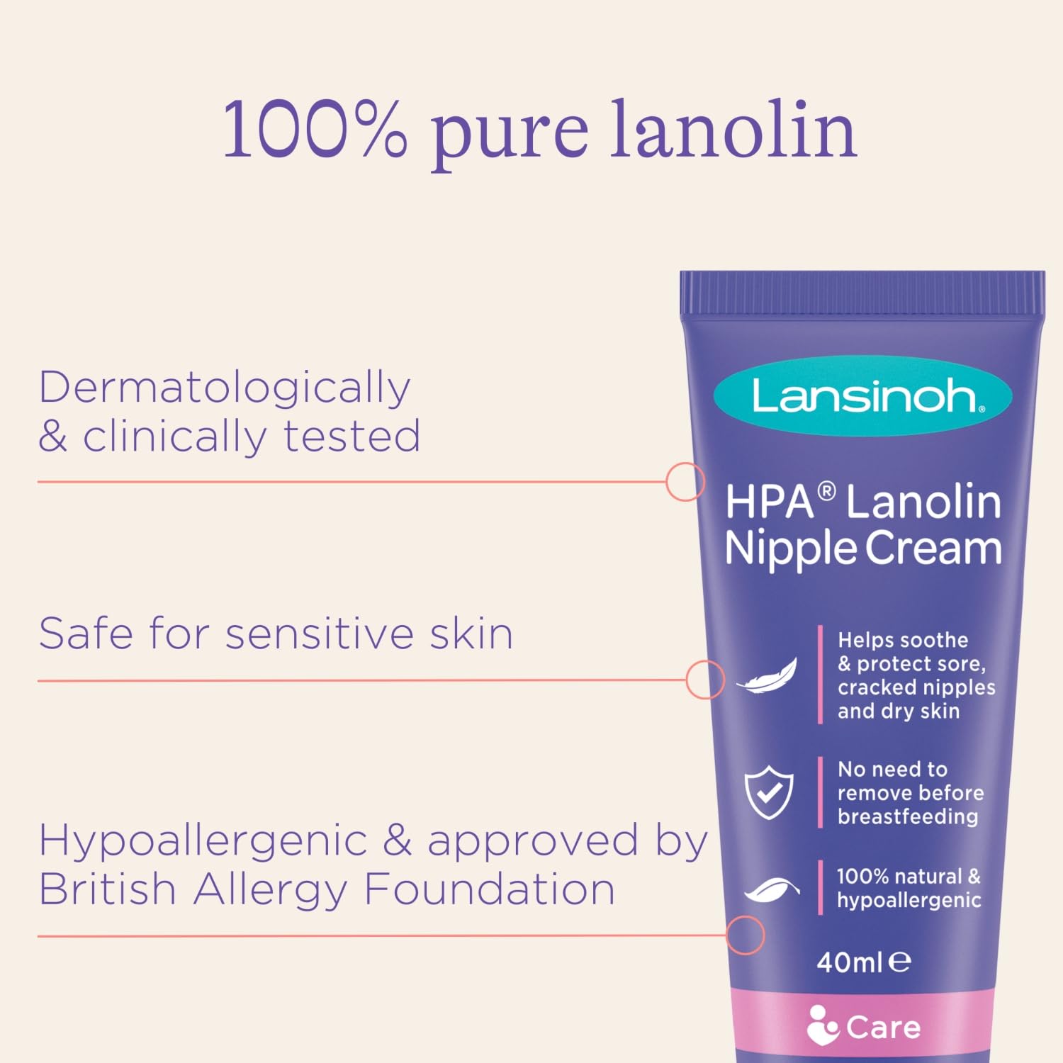 Lansinoh HPA Lanolin Nipple Cream for sore nipple & cracked skin, 100% natural single ingredient, breastfeeding essential, tasteless, odourless, hospital bag, moisturising, 40ml