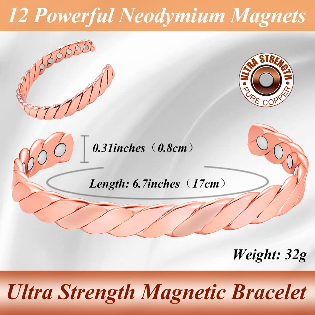 Cigmag 12X Lymphatic Drainage Copper Magnetic Bracelet for Women 99% Solid Pure Copper Ultra Strength Magnet Adjustable Brazaletes Cuff Bangle with Gift Box (Rose Gold)