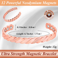 Cigmag 12X Lymphatic Drainage Copper Magnetic Bracelet for Women 99% Solid Pure Copper Ultra Strength Magnet Adjustable Brazaletes Cuff Bangle with Gift Box (Rose Gold)