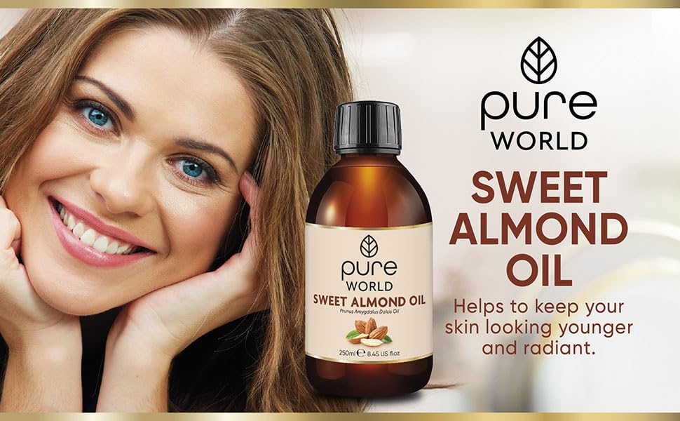 Pure World Natural Almond Oil 250ML REAL 100% Pure and Undiluted. Premium Quality Almond oil – Message, Skin, Nails, Body and Face, Vegan.