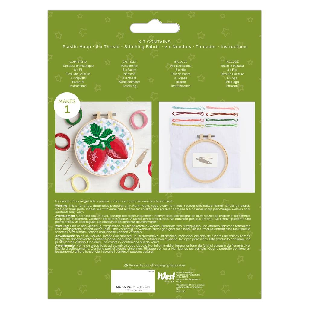 Simply Make docrafts Cross Stitch Hoop Embroidery Kit, Strawberries, DIY Make Your Own Craft Set, for Adults, Older Children, Kids, Beginners, Experienced Crafters, Perfect Hobby