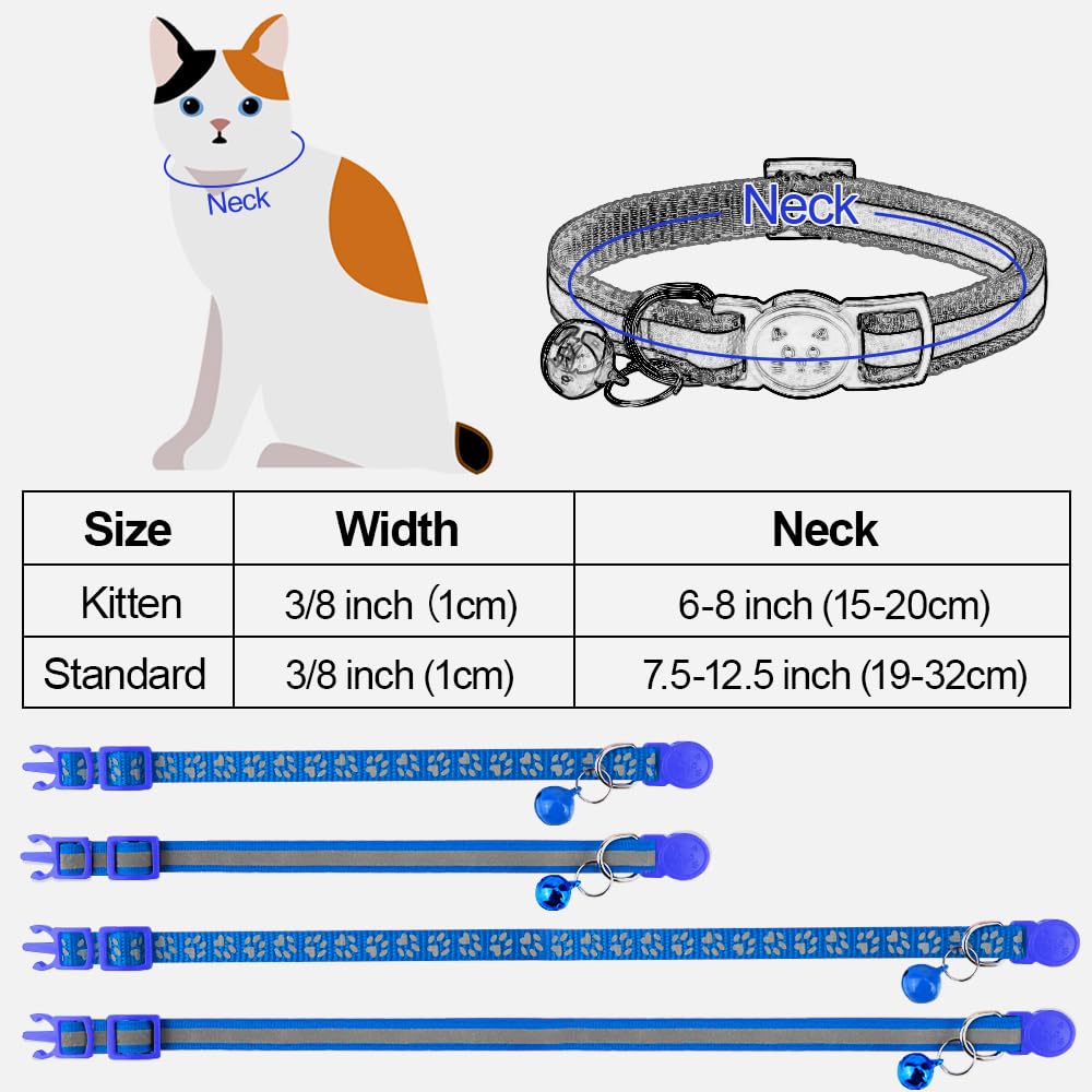 Taglory Reflective Cat Collar with Bell and Safety Release, 2-Pack Girl Boy Pet Kitten Collars Adjustable 15-20 cm Blue