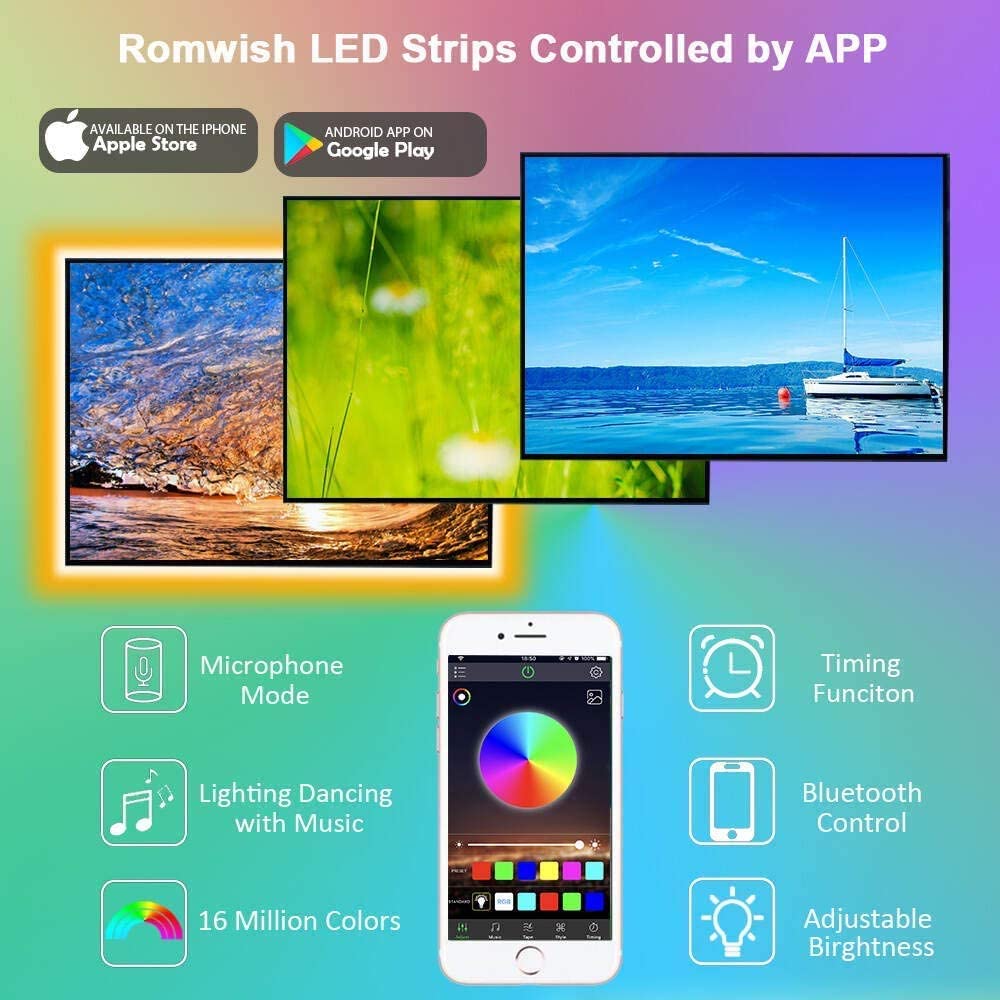 Romwish TV LED Backlights 3M, 9.8FT LED Strip Lights with Bluetooth APP Control for 40-50 inch TV, 16 Million Colors, Music Sync Color Changing and Timing Function, Adapter USB Powered