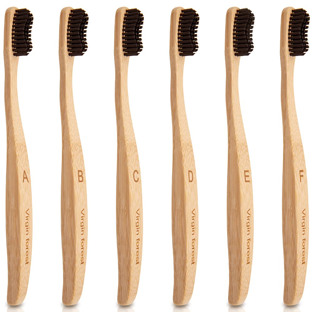 Bamboo Toothbrushes, Eco Toothbrush, Biodegradable Toothbrush, Wooden Toothbrush, Wavy Bristles and Large Handle, Plastic Free Packaging(6 Pack)