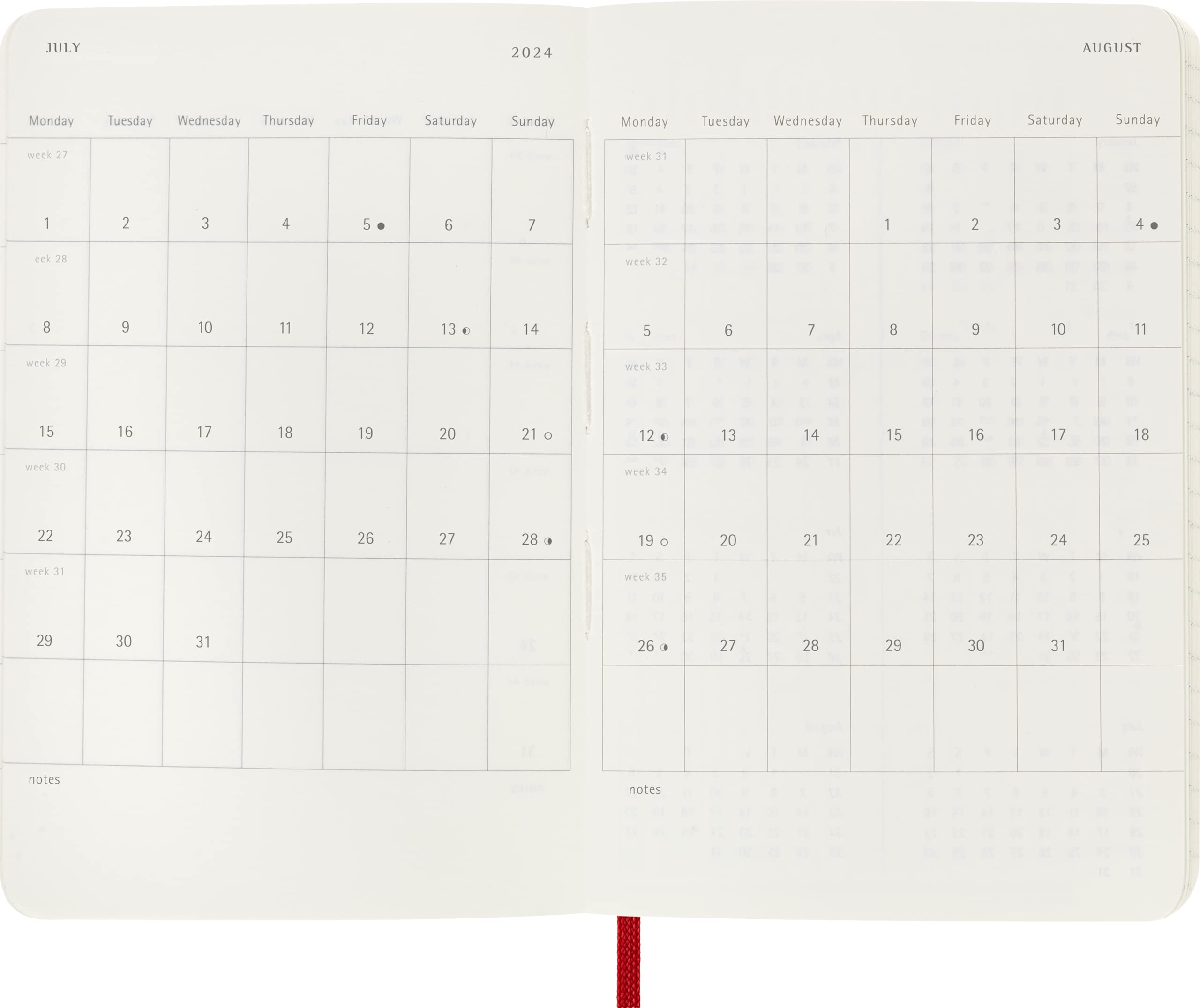 Moleskine Weekly Agenda with Space for Notes 12 Months 2024, Agenda 2024, Size Pocket 9x14, Soft Cover and Elastic Closure, Colour Scarlet Red