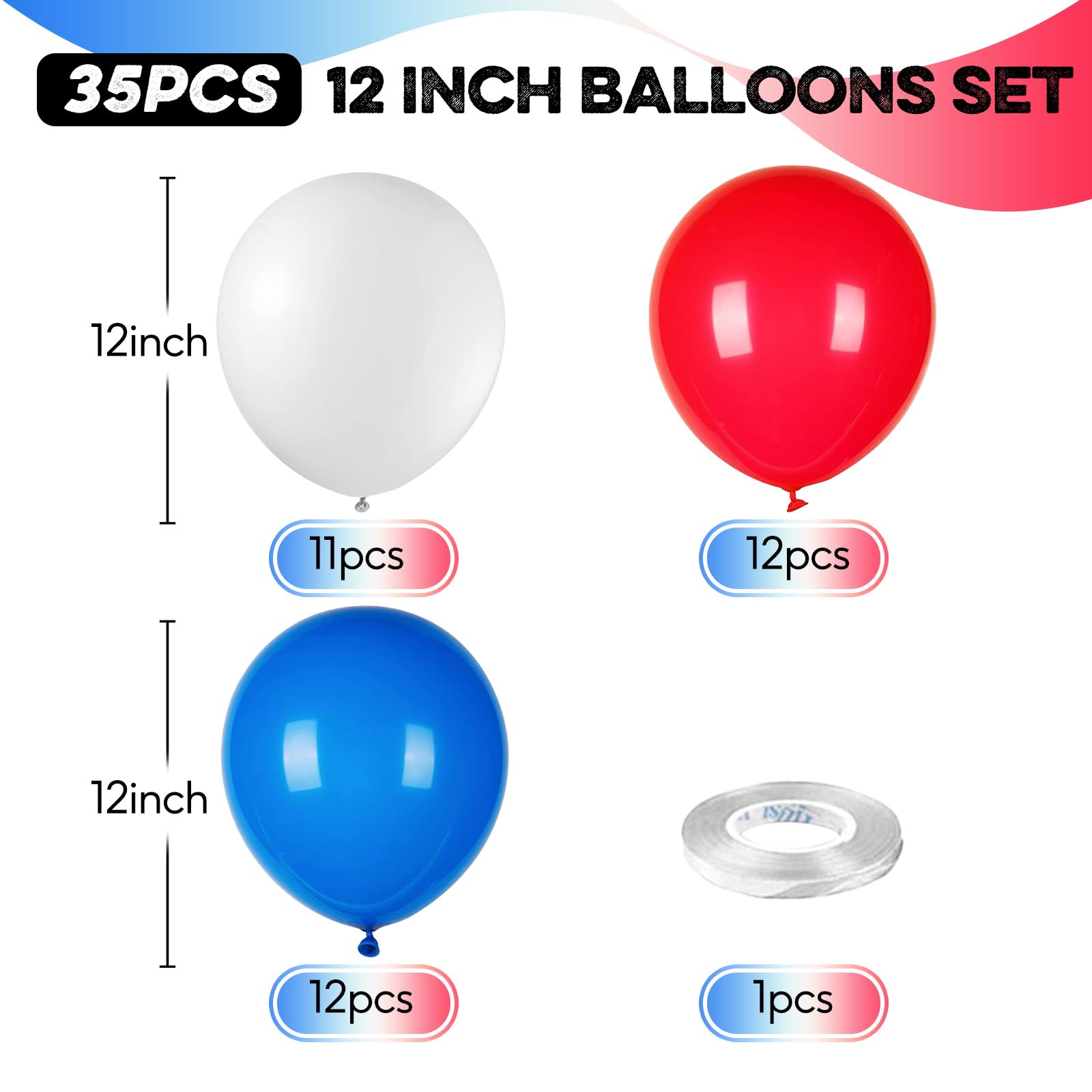 Red White and Blue Balloons, 12 Inch Matte Red White Blue Latex Balloons Royal Theme Blue Red White Balloons for Union Anniversary Celebration, Festival, Patriotic Party, Birthday Party Decorations