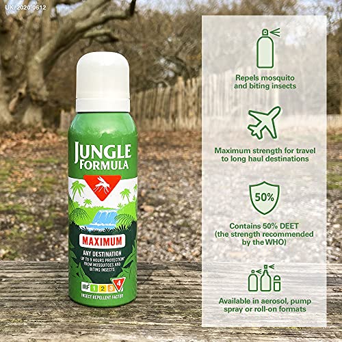 Jungle Formula Maximum Repellent Aerosol 125ml - Maximum Strength, against Mosquitoes, Biting Insects and Ticks - Up to 9 hrs Protection for Any Destination incl. Tropics- with DEET